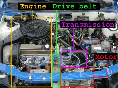 Engine, motor, and transmission